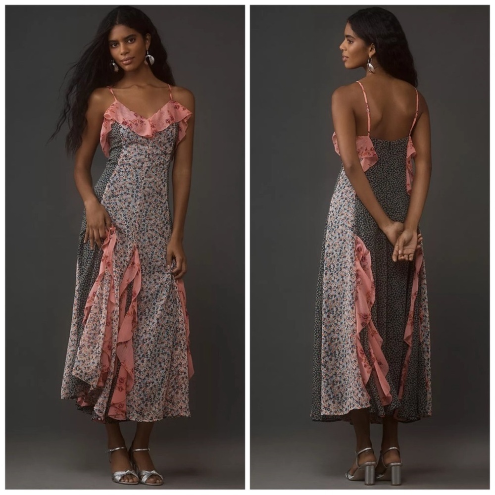 New By Anthropologie Sleeveless V-Neck Ruffle Midi Dress Size Medium​​